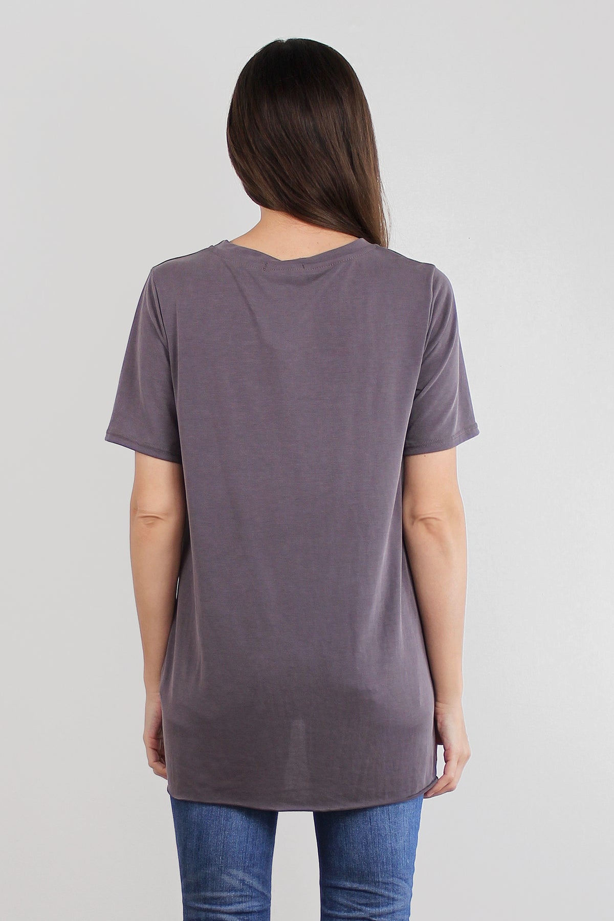 Knot front tee shirt, in dusty plum. Image 2