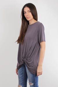Knot front tee shirt, in dusty plum.