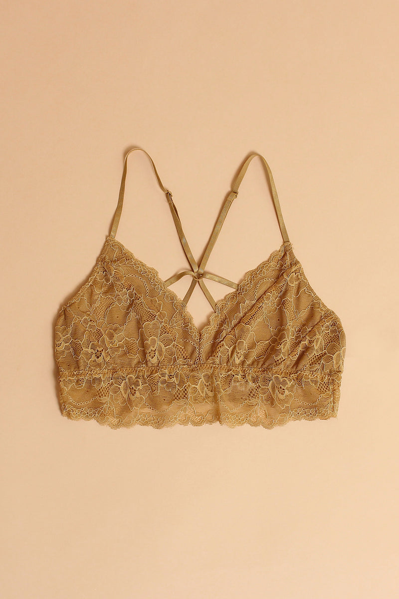 Lace bralette with strappy back, in Mustard Yellow. Image 3