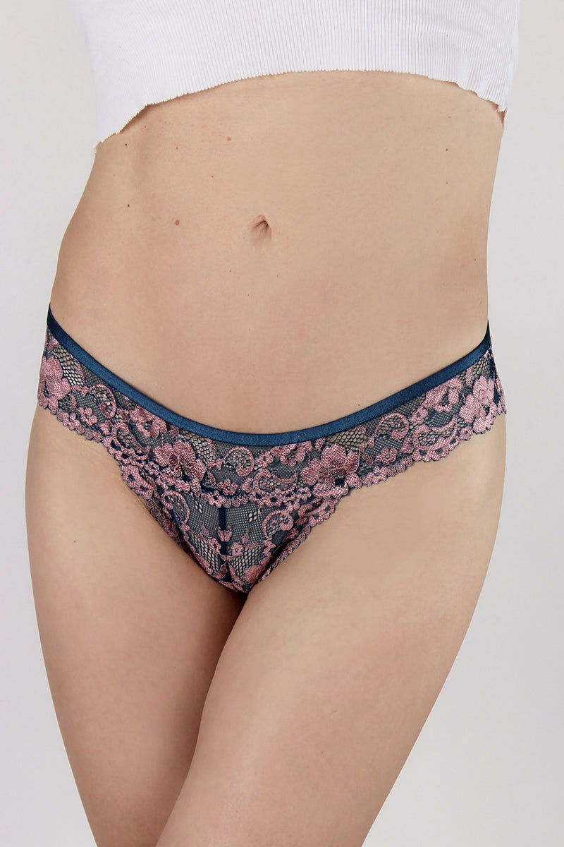 Lace panty, in teal/mauve.