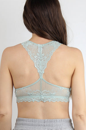 Lace racer back bralette, in Dusty Aqua. 