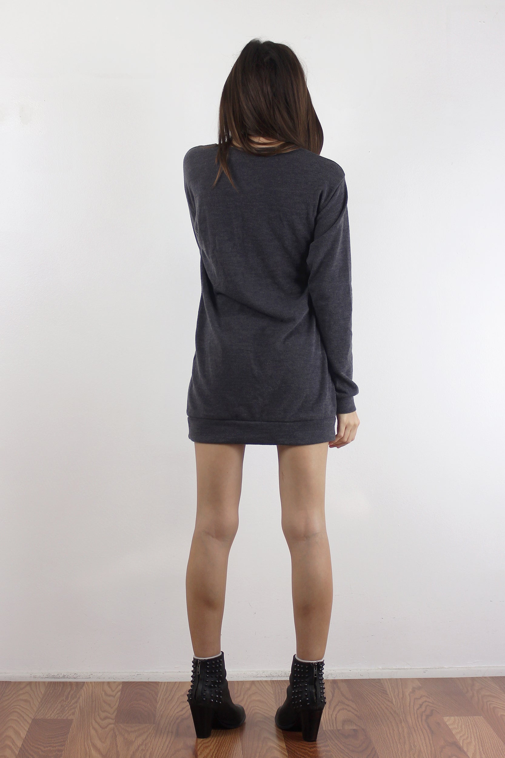 Lace up oversized knit top, in charcoal. Image 3