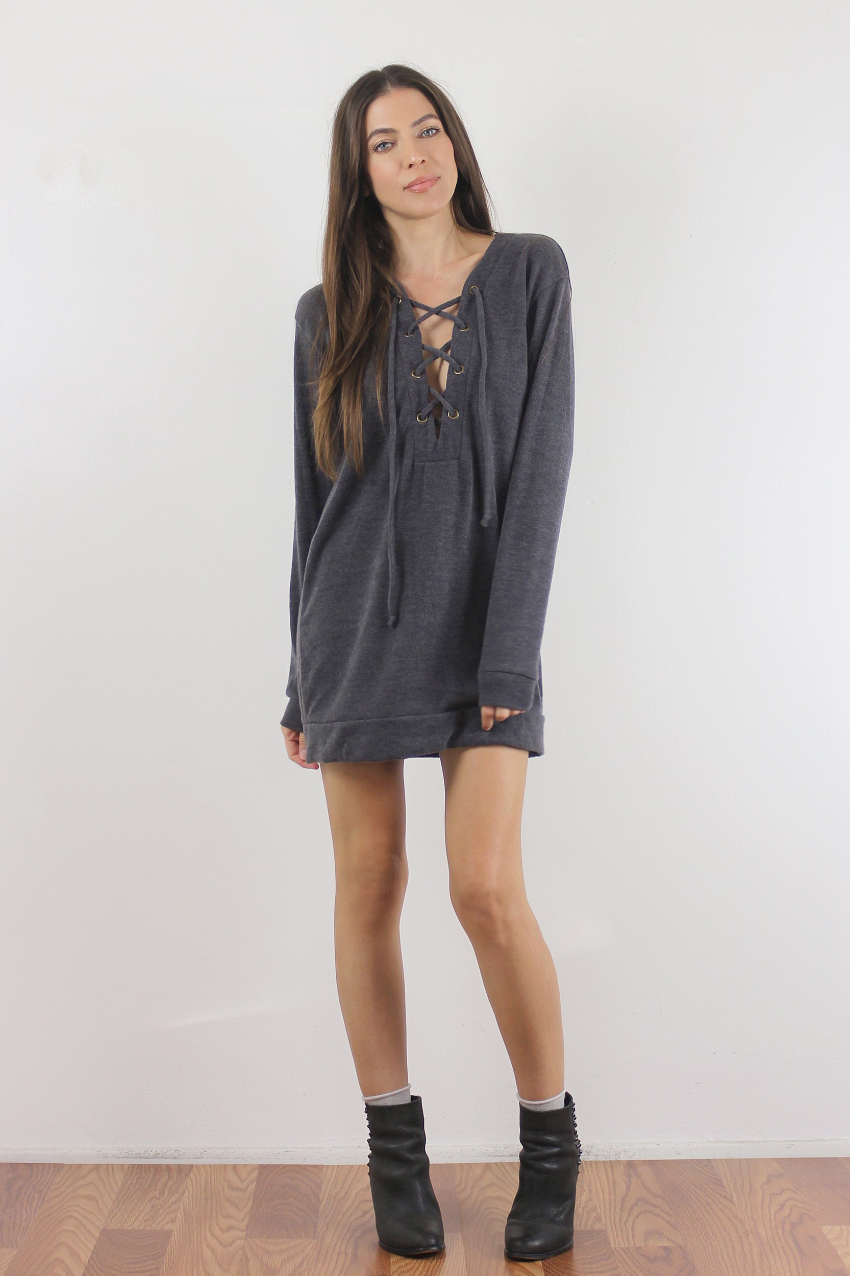 Lace up oversized knit top, in charcoal.