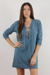 Lace up oversized knit top, in turquoise. Image 4