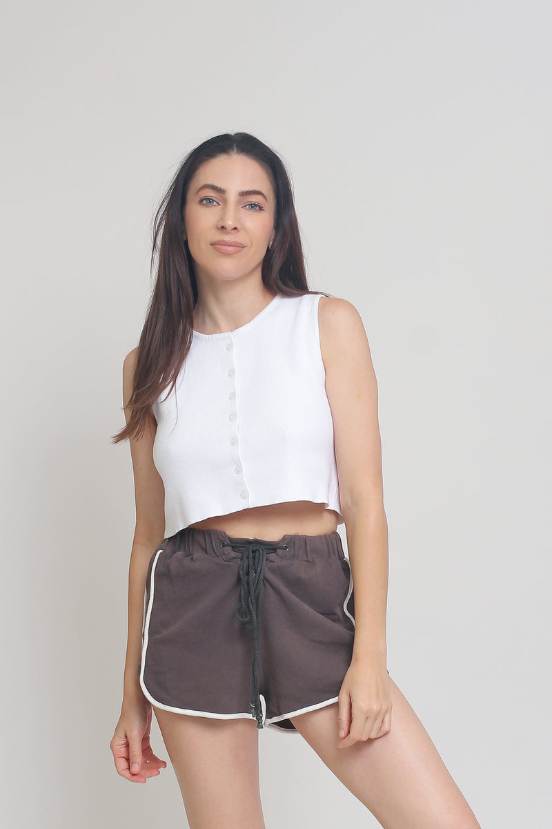 Lace up terry cloth shorts, in Charcoal. Image 2