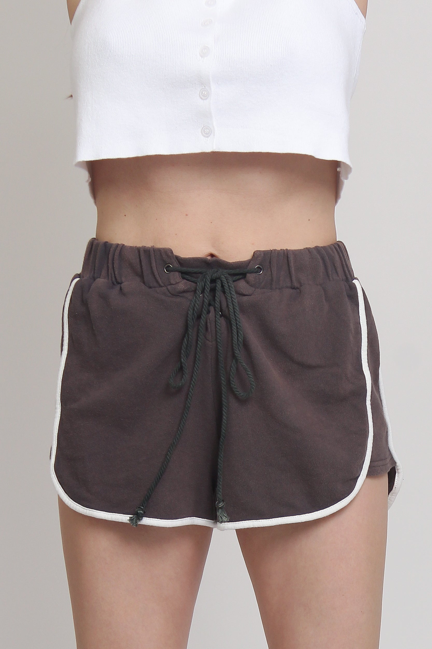 Lace up terry cloth shorts, in Charcoal. Image 3