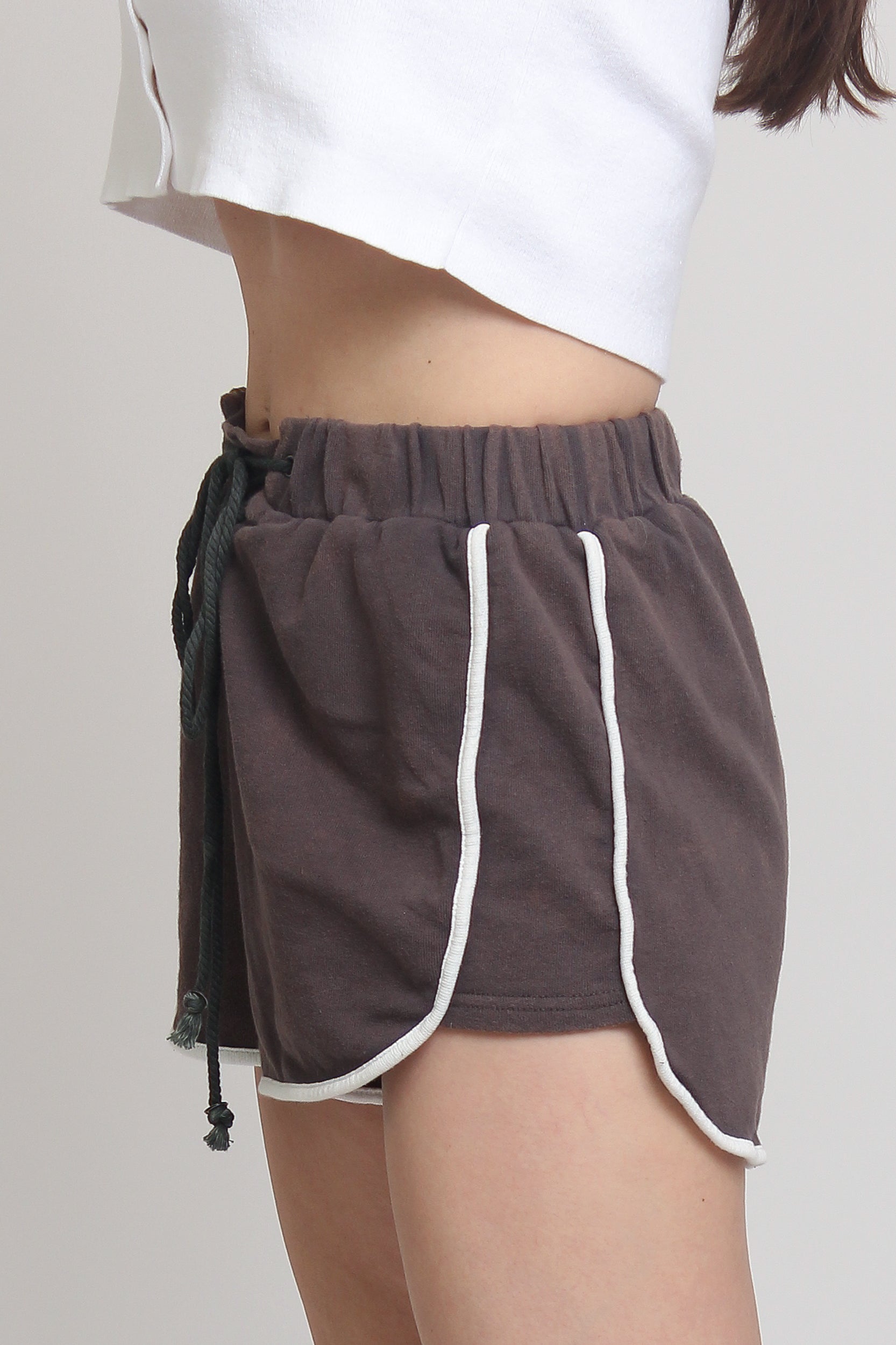 Lace up terry cloth shorts, in Charcoal. Image 5