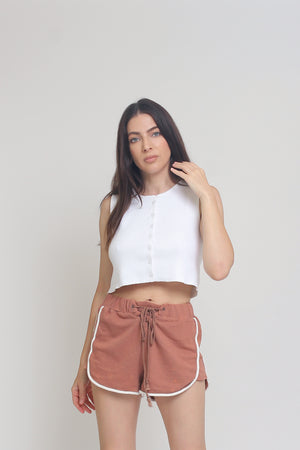 Lace up terry cloth shorts, in Copper. Image 2