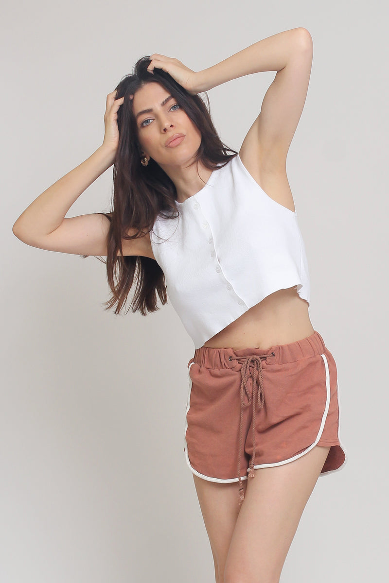 Lace up terry cloth shorts, in Copper. Image 5