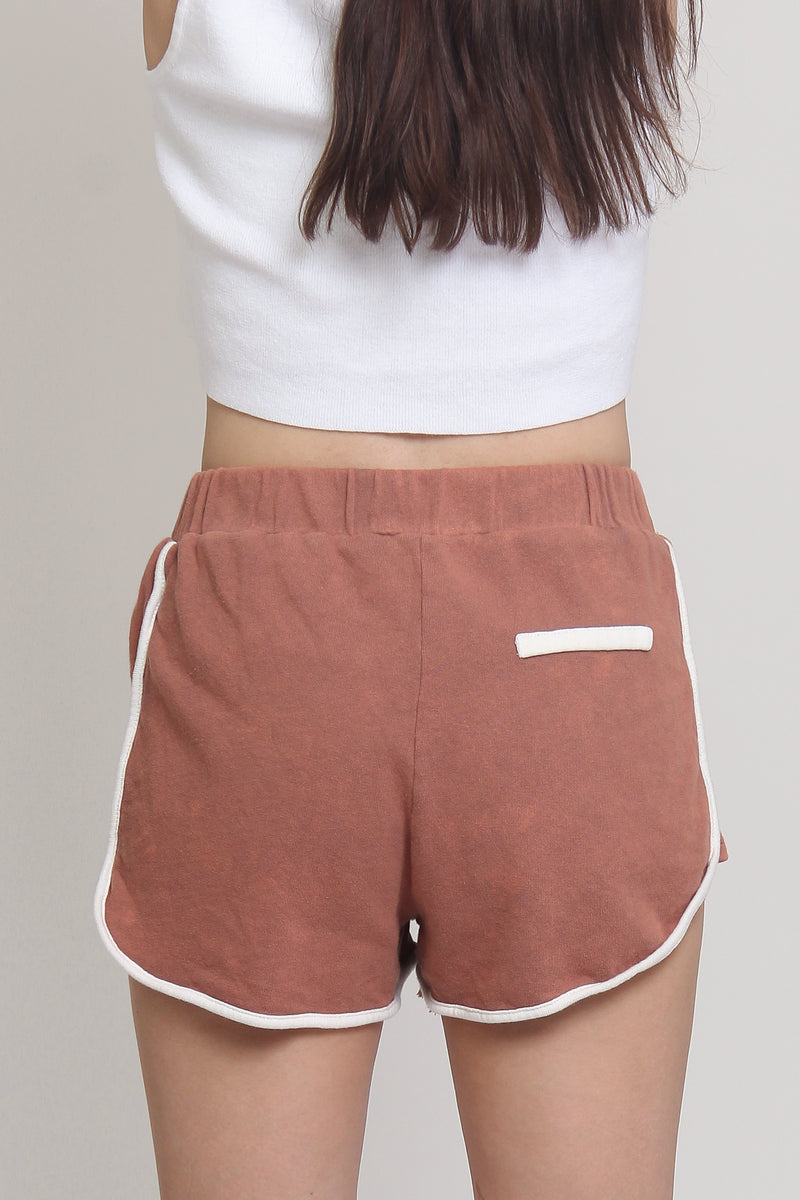 Lace up terry cloth shorts, in Copper. Image 7