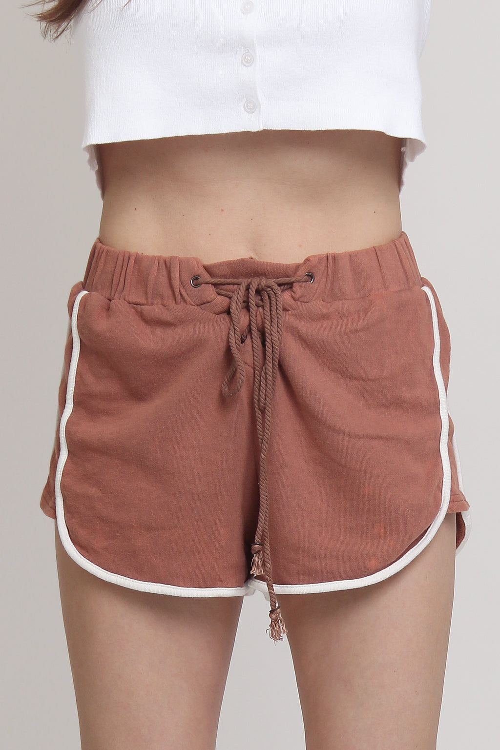 Lace up terry cloth shorts, in Copper. Image 8