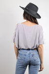 Embroidered top with cutout sleeve detail, in Lavender Grey. Image 7