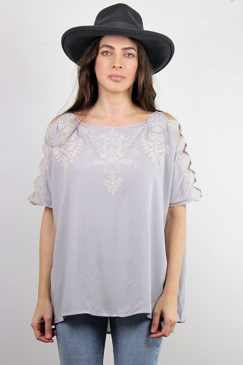 Embroidered top with cutout sleeve detail, in Lavender Grey. Image 2