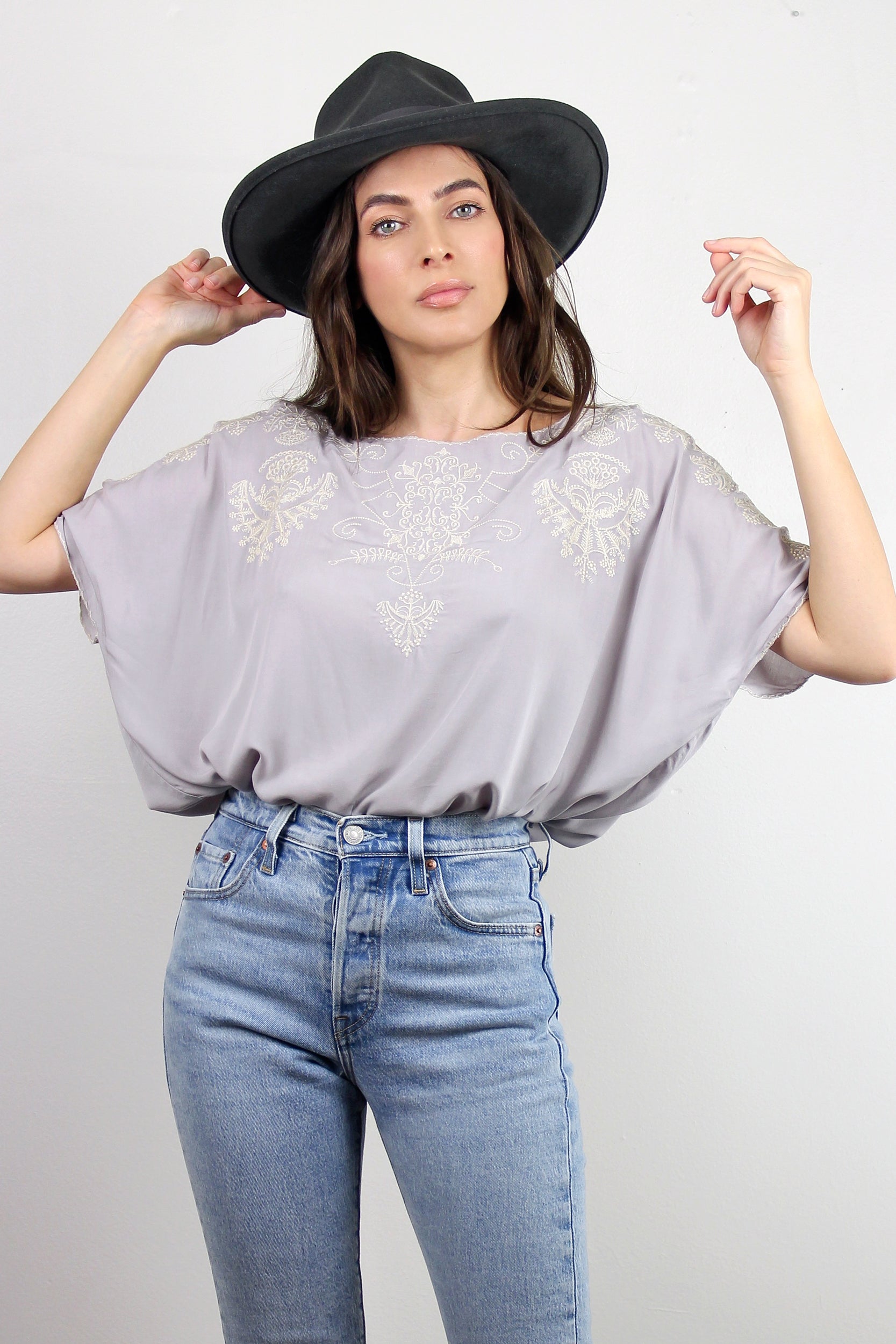 Embroidered top with cutout sleeve detail, in Lavender Grey. Image 4