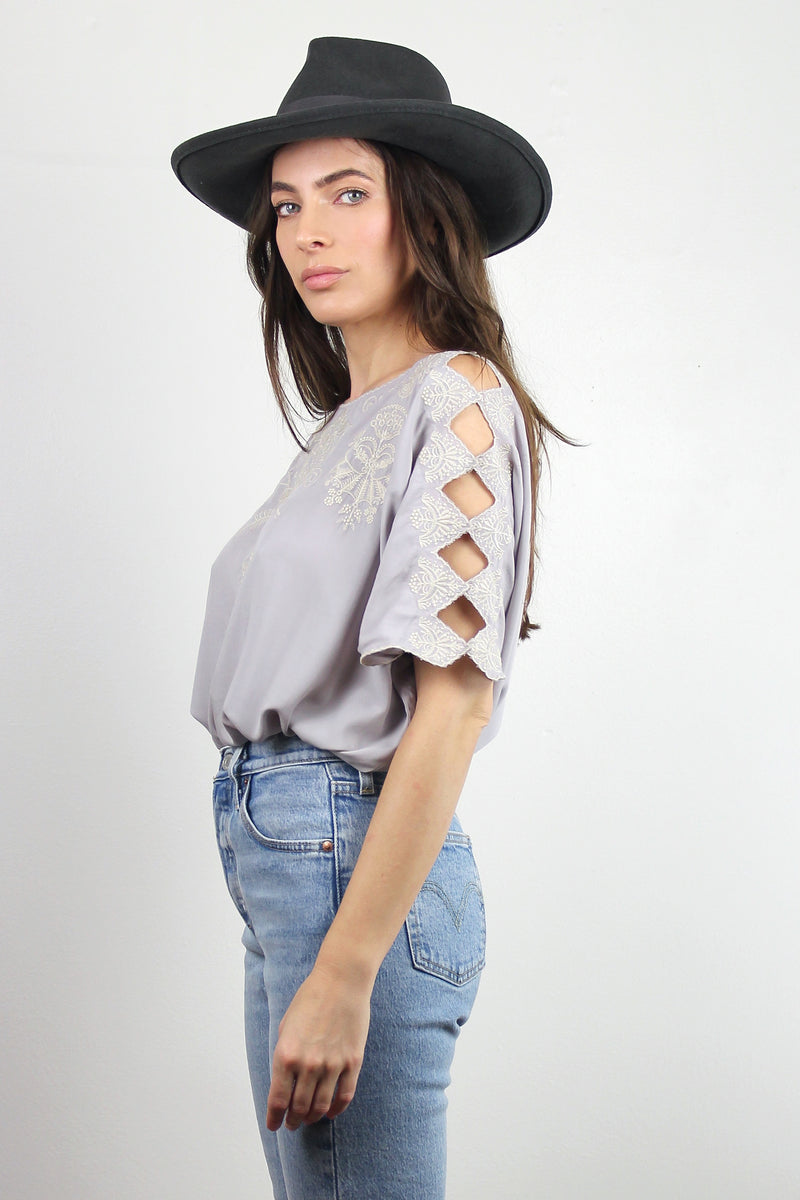 Embroidered top with cutout sleeve detail, in Lavender Grey. Image 5