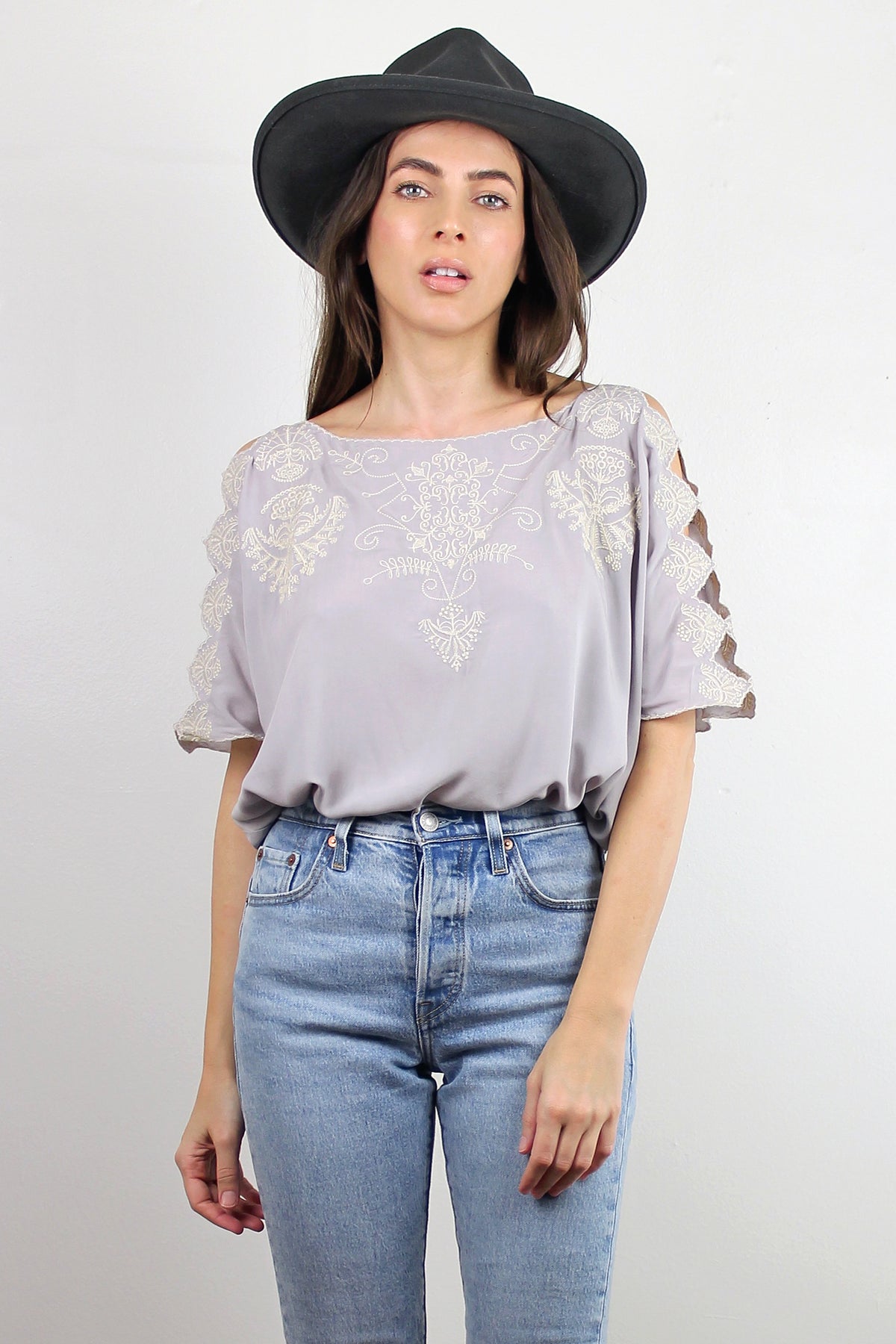 Embroidered top with cutout sleeve detail, in Lavender Grey. Image 6