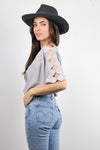 Embroidered top with cutout sleeve detail, in Lavender Grey.