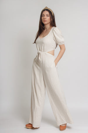 Linen jumpsuit with cutout back, in oatmeal. Image 14