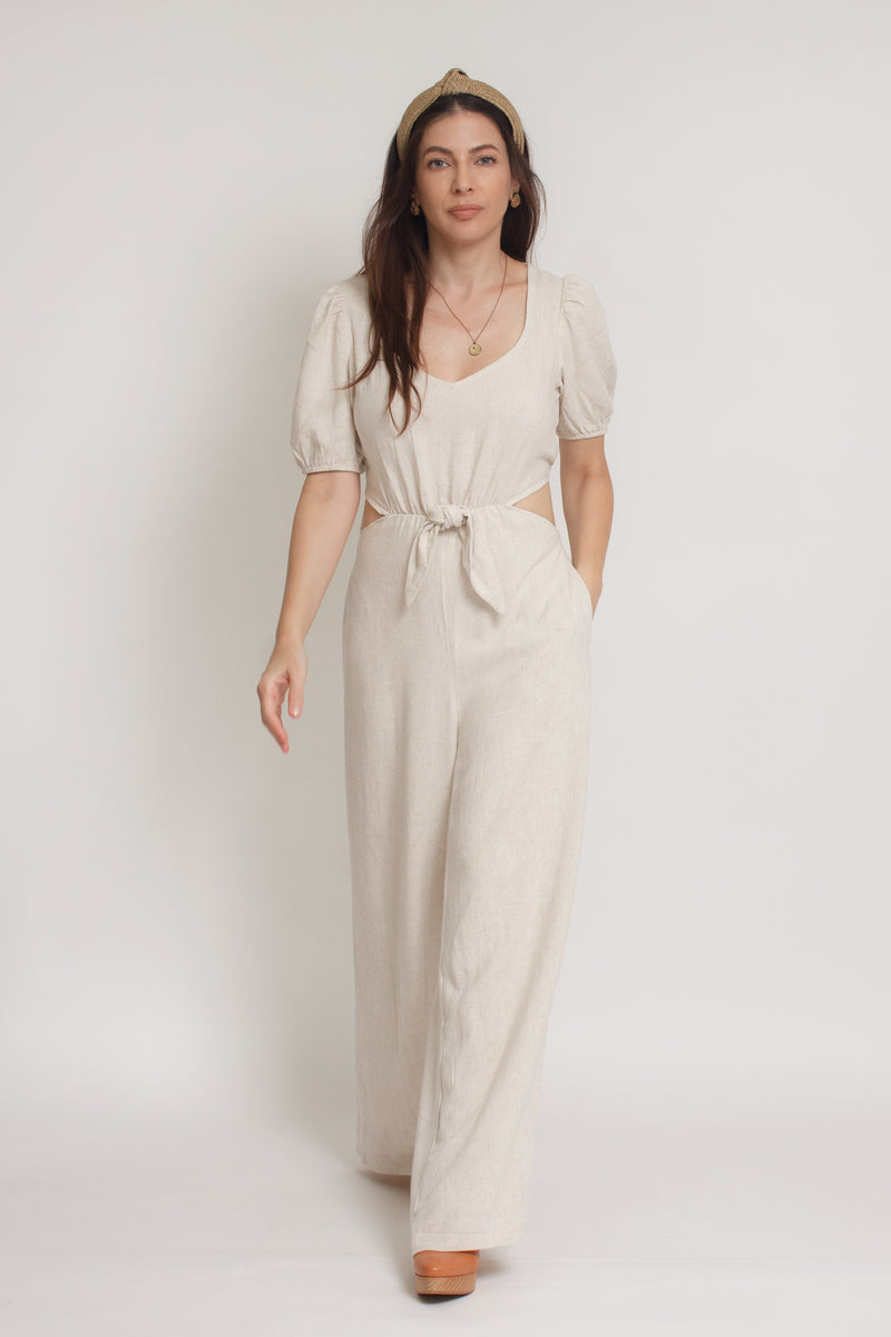 Linen jumpsuit with cutout back, in oatmeal. Image 3