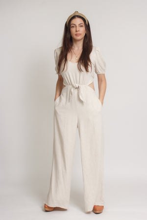 Linen jumpsuit with cutout back, in oatmeal. Image 4