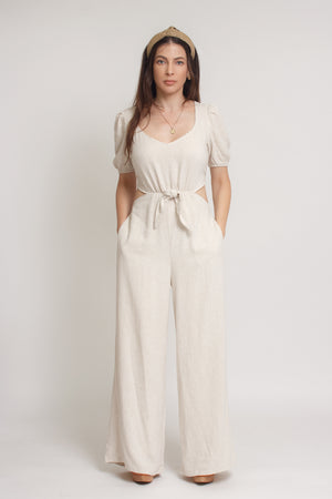 Linen jumpsuit with cutout back, in oatmeal. Image 6