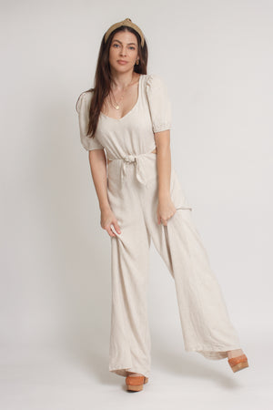 Linen jumpsuit with cutout back, in oatmeal. Image 7