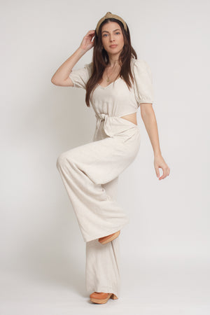 Linen jumpsuit with cutout back, in oatmeal. Image 9