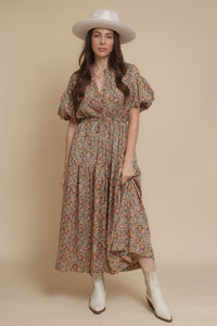 Puff sleeve floral midi dress, in green. Image 2