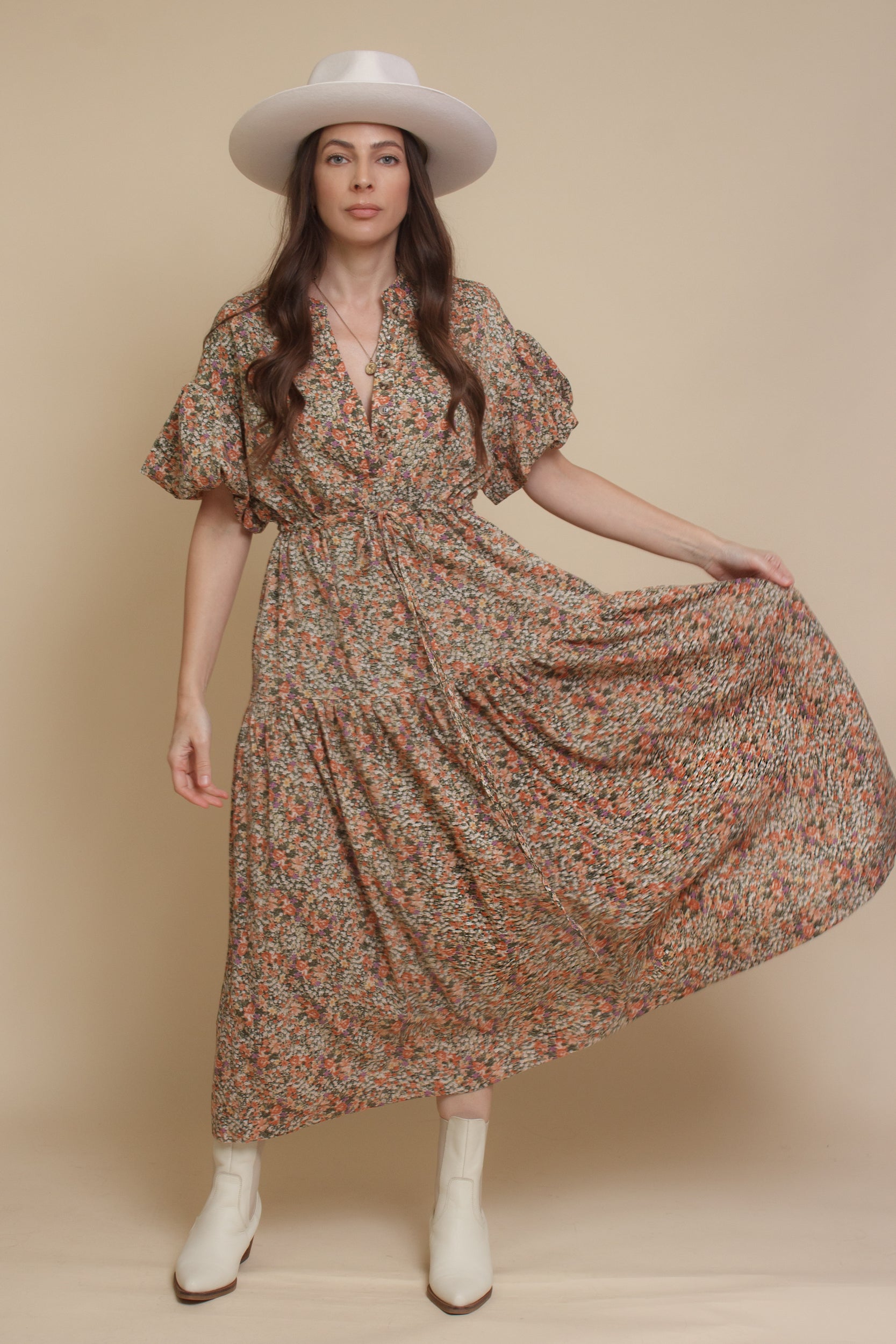 Puff sleeve floral midi dress, in green. Image 3
