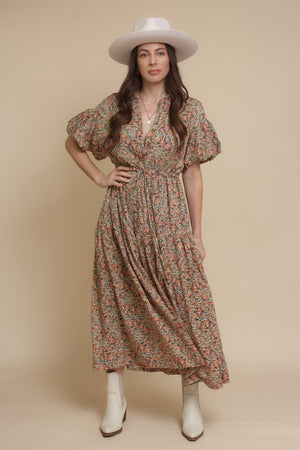 Puff sleeve floral midi dress, in green. Image 4