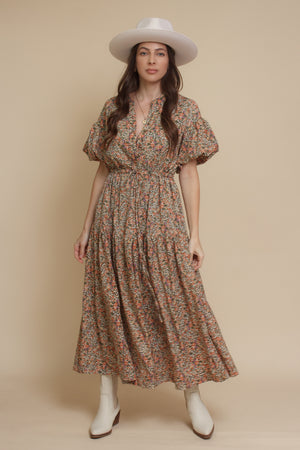 Puff sleeve floral midi dress, in green. Image 5