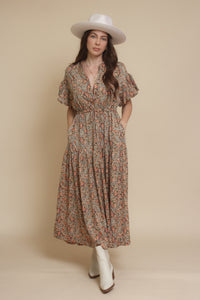 Puff sleeve floral midi dress, in green. Image 6