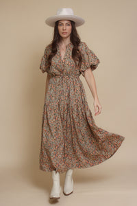 Puff sleeve floral midi dress, in green. Image 8