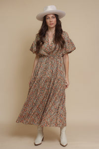 Puff sleeve floral midi dress, in green. Image 9
