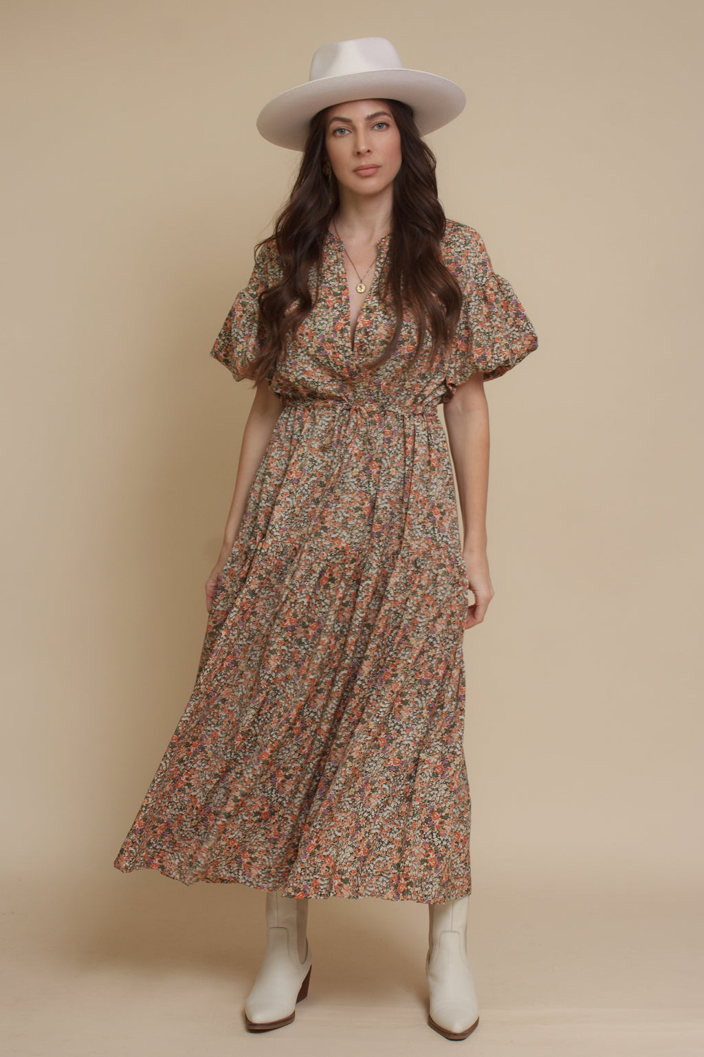 Puff sleeve floral midi dress, in green. Image 9