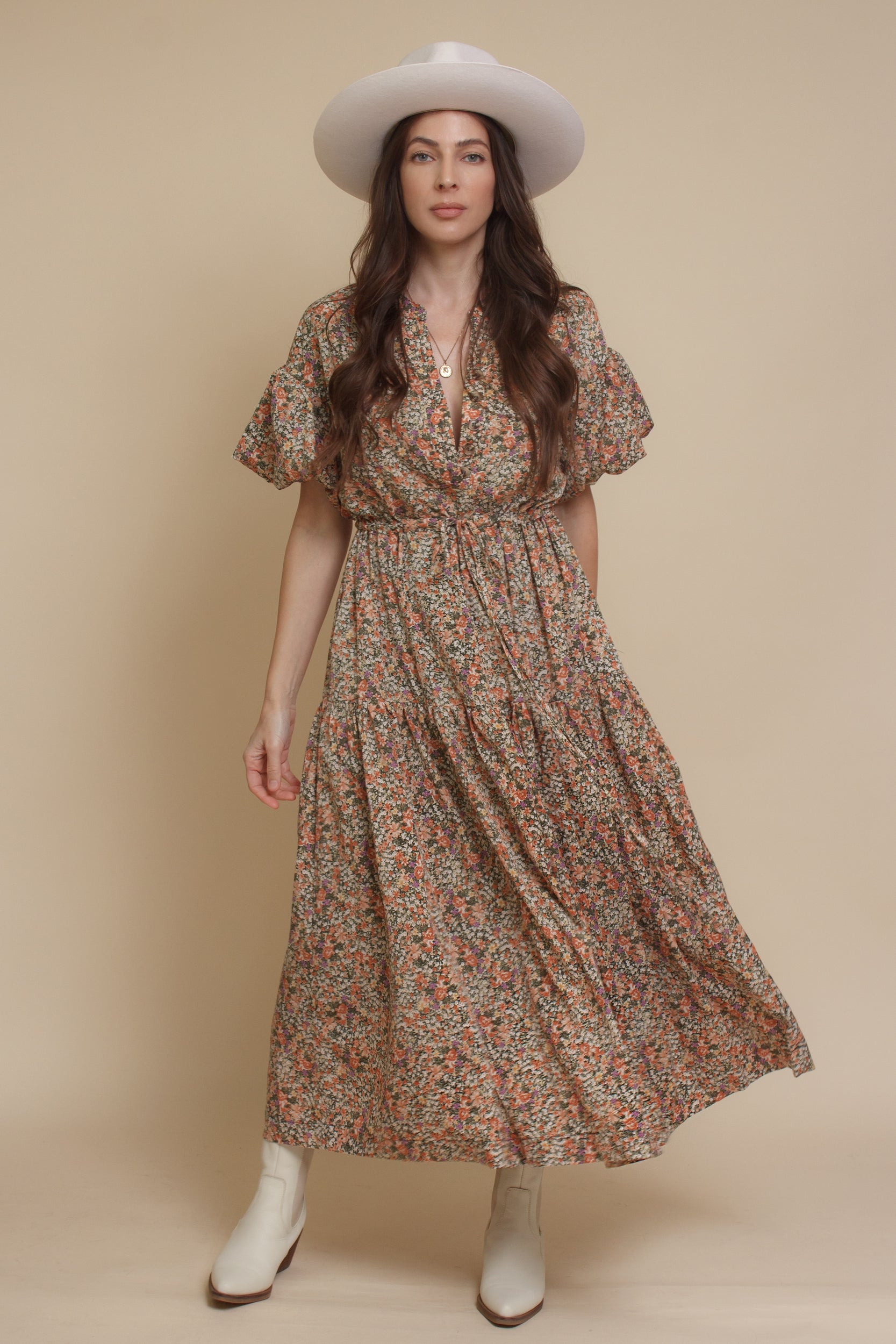 Puff sleeve floral midi dress, in green. Image 10