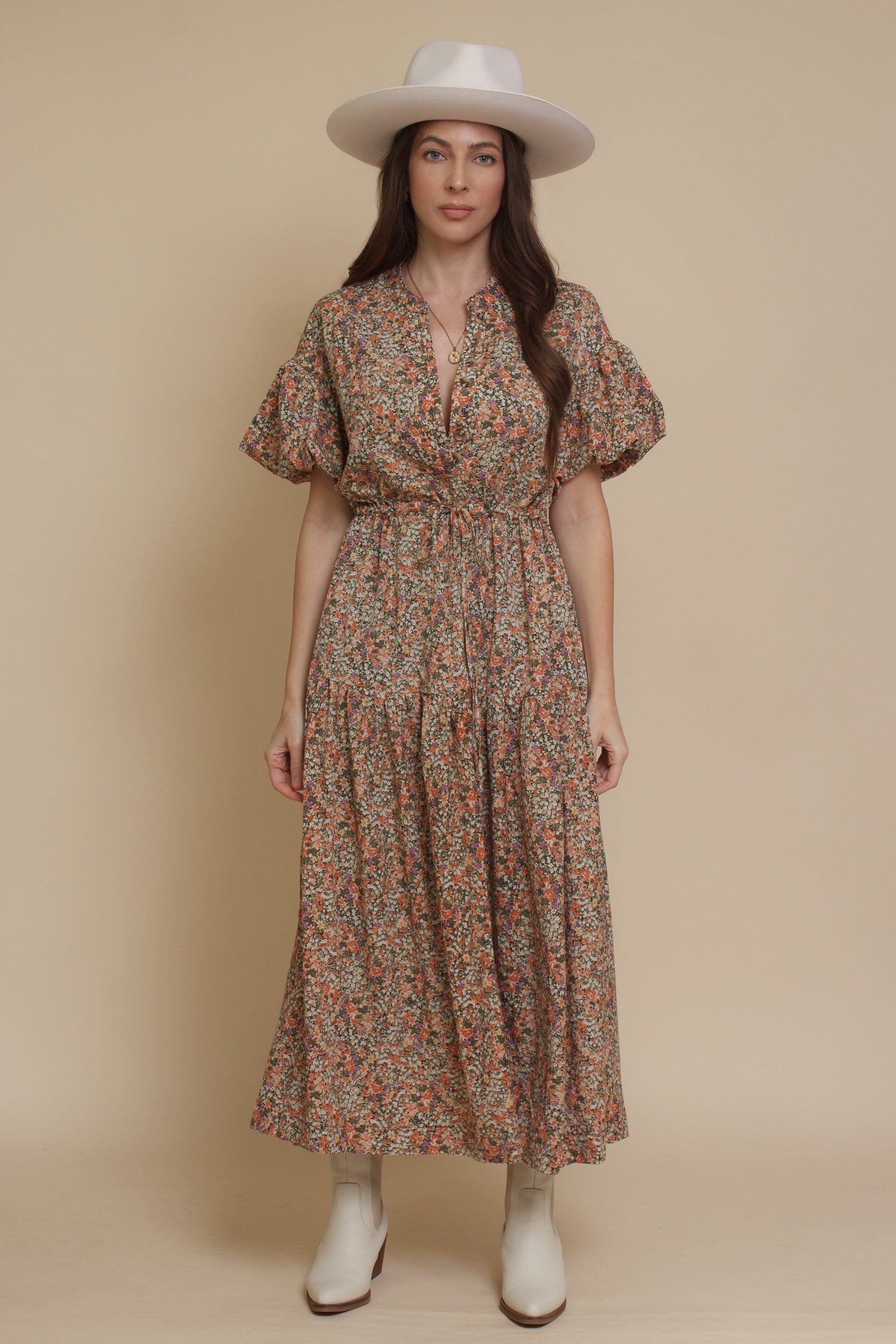Puff sleeve floral midi dress, in green. Image 12