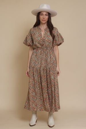 Puff sleeve floral midi dress, in green. Image 12