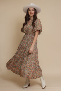 Puff sleeve floral midi dress, in green. Image 13