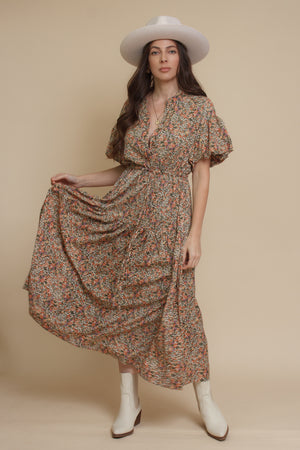 Puff sleeve floral midi dress, in green. Image 15