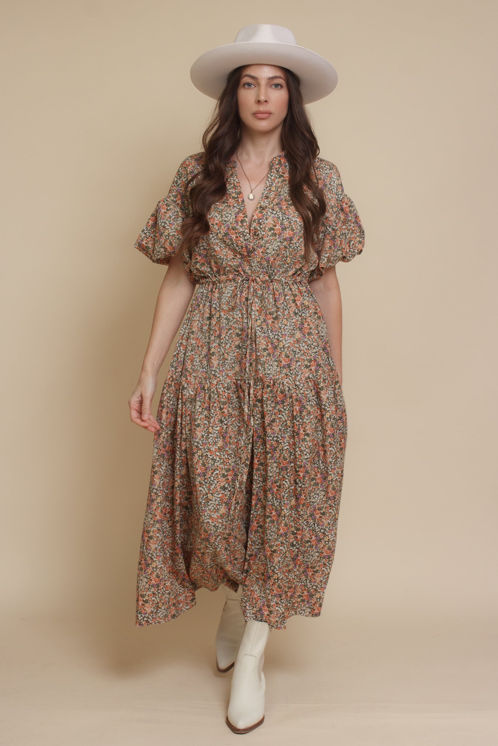 Puff sleeve floral midi dress, in green. Image 16