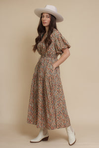 Puff sleeve floral midi dress, in green. Image 17