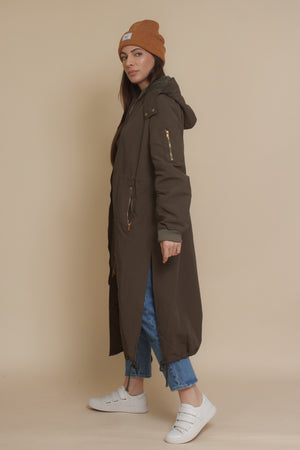 Long bomber style jacket, in olive. Image 11