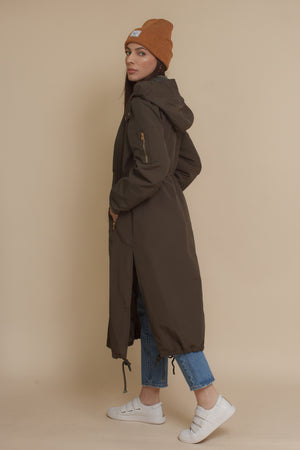 Long bomber style jacket, in olive. Image 6