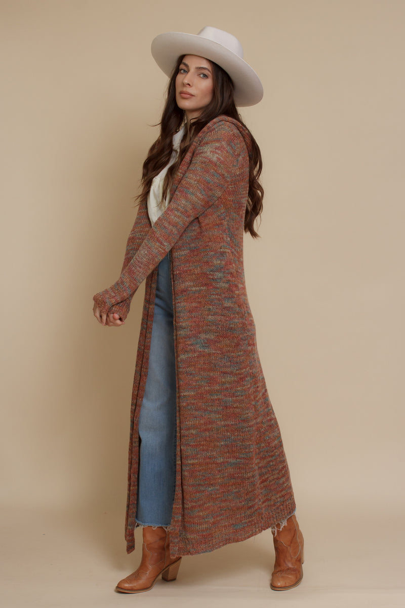 Long cardigan with hood, in multi. Image 4