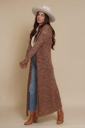Long cardigan with hood, in multi. Image 4