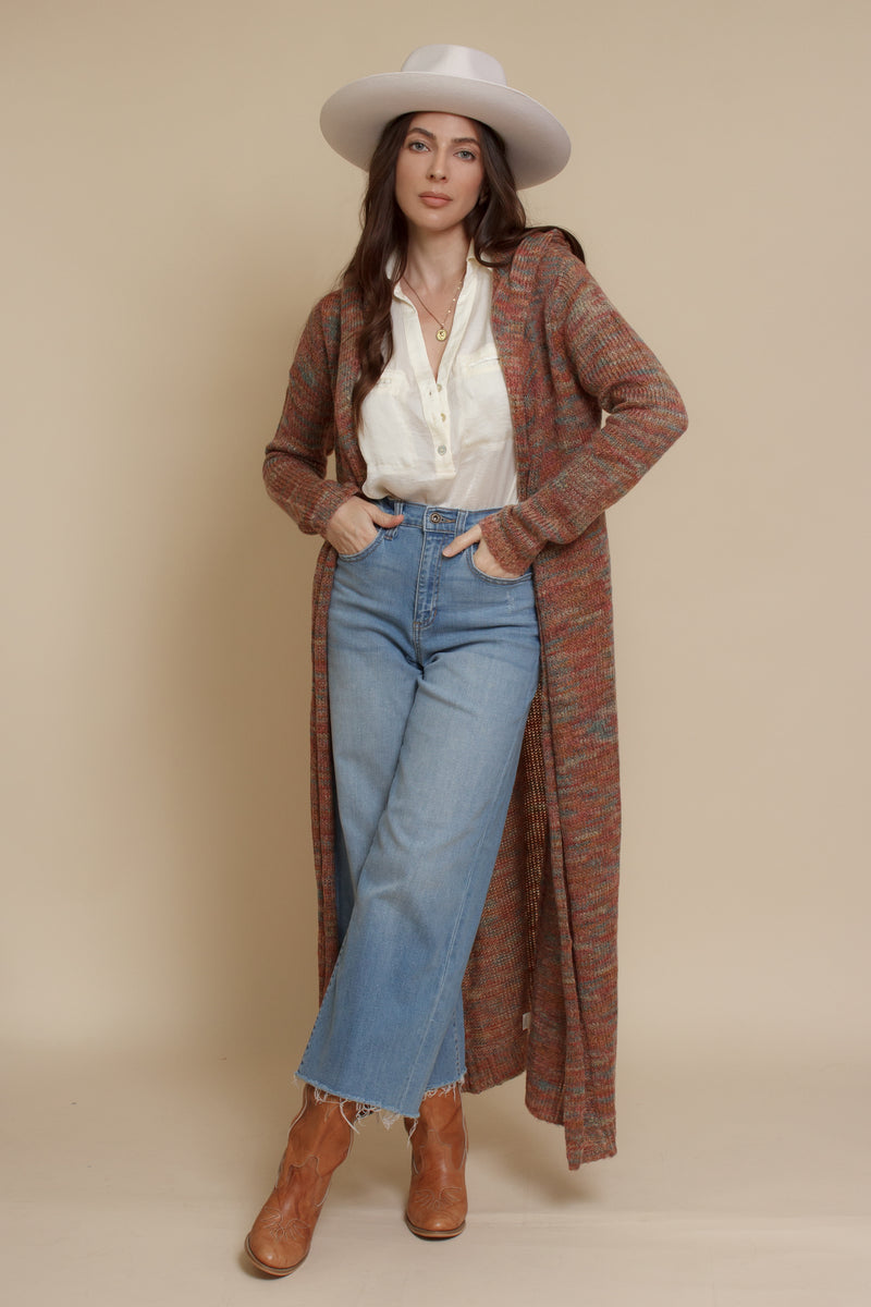 Long cardigan with hood, in multi. Image 8