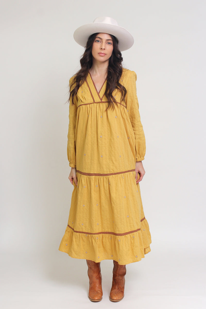 Tiered, embroidered midi dress, in golden rod. Image 3