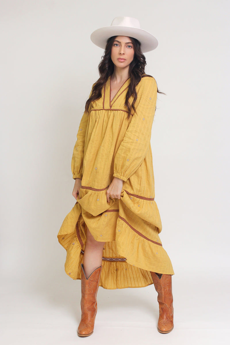 Tiered, embroidered midi dress, in golden rod. Image 5