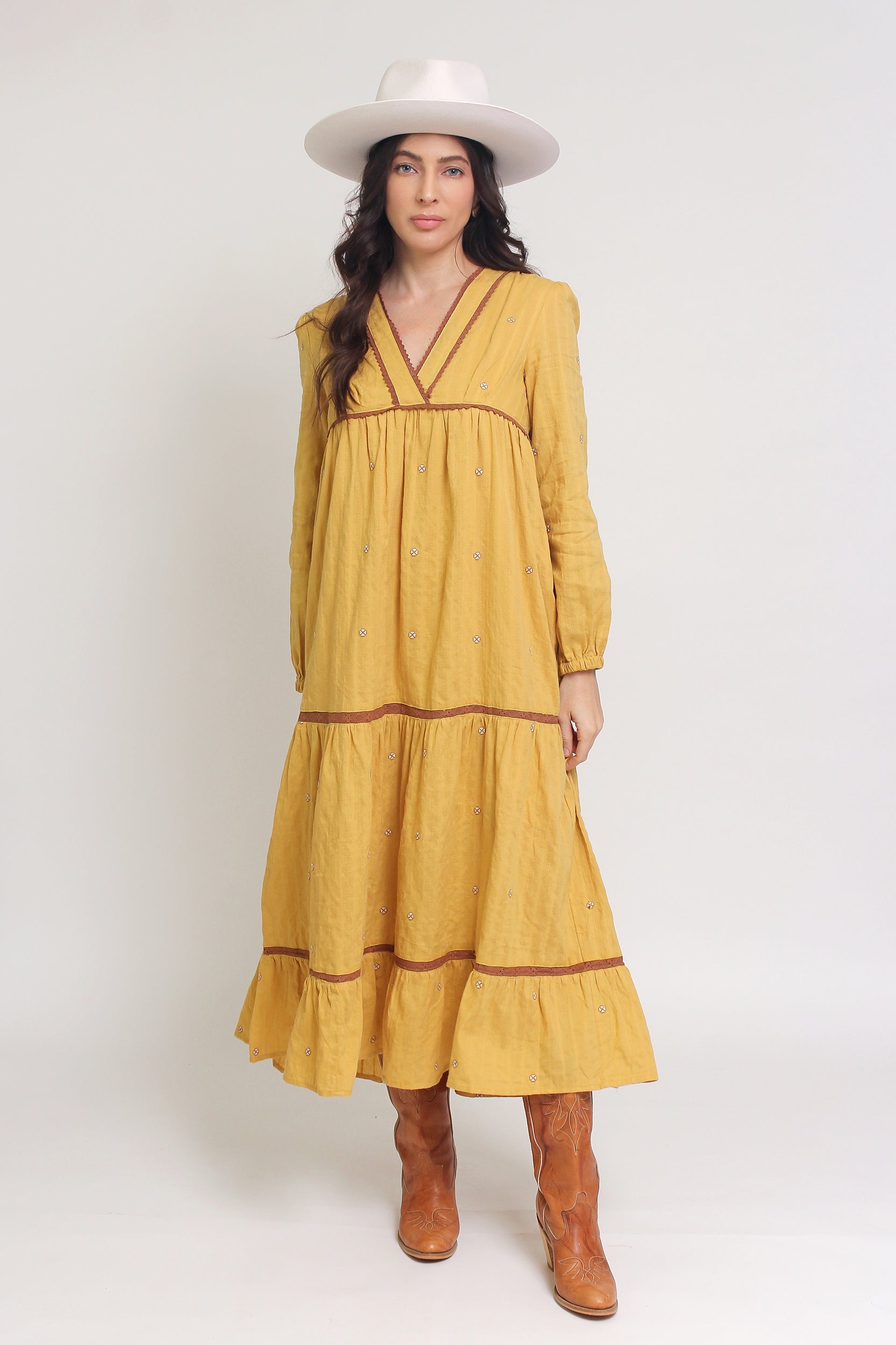 Tiered, embroidered midi dress, in golden rod. Image 6